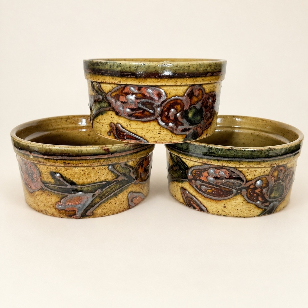 Vintage Studio Pottery Ramekin Set of 3 Hand Painted Floral Stoneware Bowls